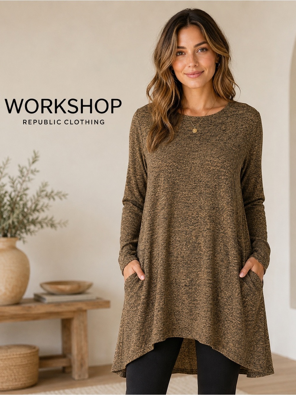 WORKSHOP Republic Clothing Olive-Marled Long Sleeve Tunic Top